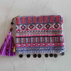 Mereno Tribal Beaded Clutch Purse w Fringe Tassel, Metallic Charms & Zip Closure